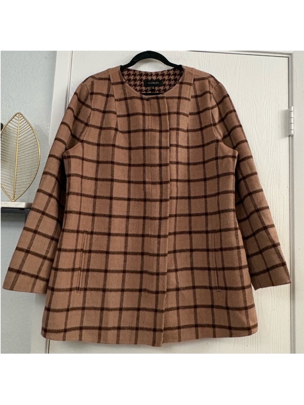 TALBOTS Windowpane Double-Faced Talbots Tan Plaid Wool-Blend Coat Size XL